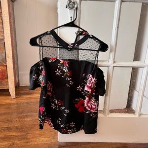 Black floral blouse worn sheer details, size small